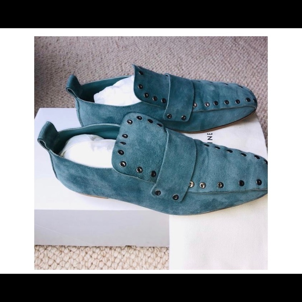 Authentic Celine Blue ‘mineral’ Suede Soft River Stud Loafer Flats 36.5